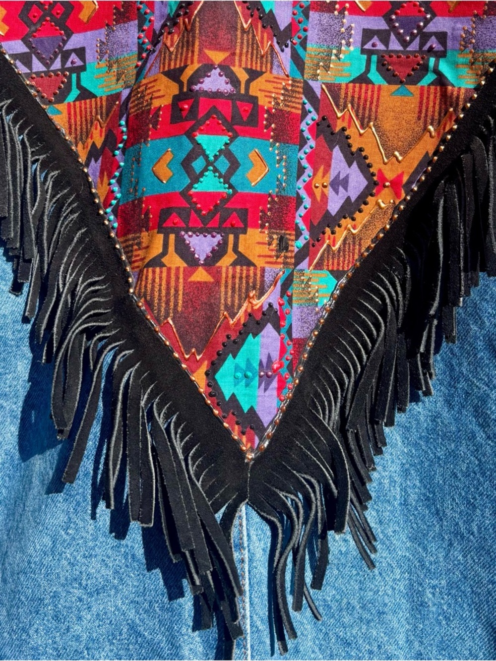 Vintage Denim Jacket with Colorful Aztec Pattern and Black Fringe - Picture 3 of 5